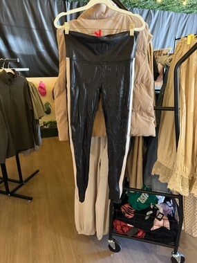 SPANX Black Faux Leather High Rise Leggings with White Side Stripe A055